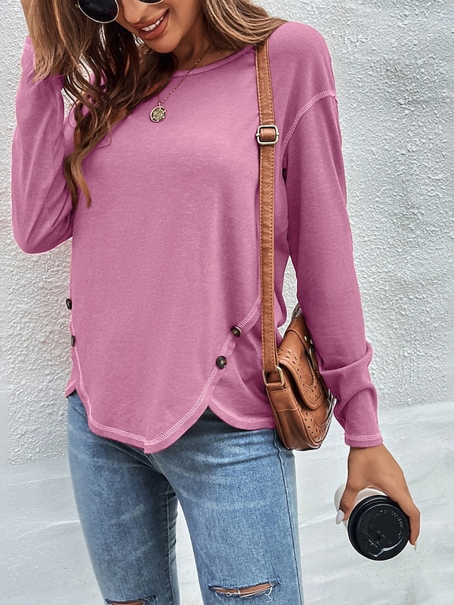  Blouse femme couleur unie élégante décontractée col rond à manches longues tops réguliers quotidiens patchwork noir rose vin kaki bleu clair automne préautomne