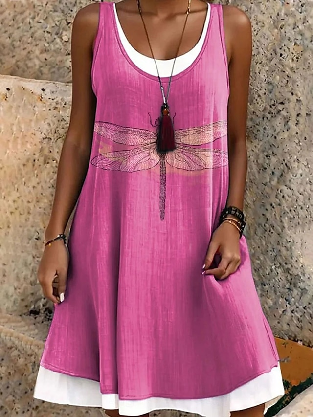  Damen Minikleid T-Shirt-Kleid Sommerkleid A Linie Kleid Urlaub Lässig Boho Täglich Lässiger Schnitt Grafik Tiermotiv Ärmellos Rundhalsausschnitt Blau Fuchsie Grün Sommer Frühling Herbst
