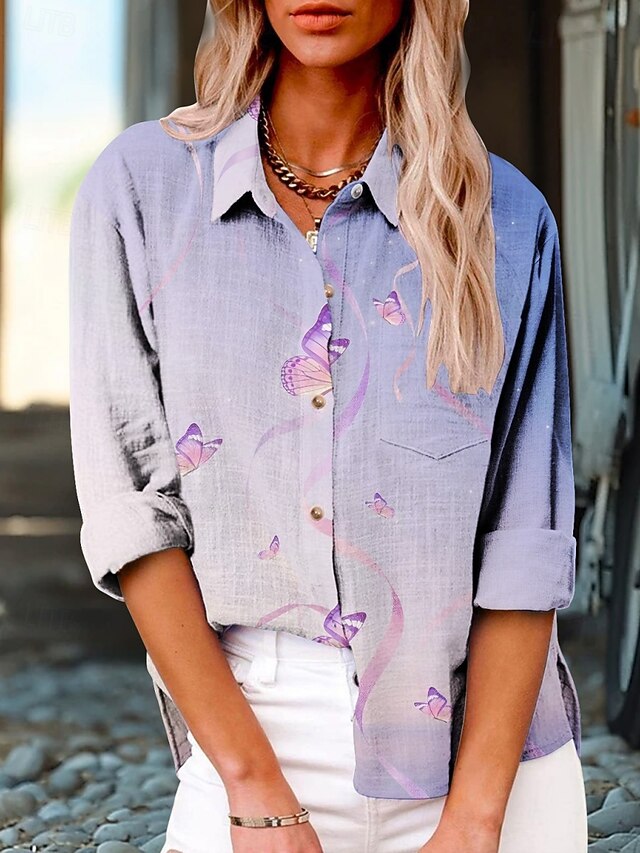 Women's Shirt Butterfly Active Daily Stylish Long Sleeve Shirt Collar Regular Tops Daily Holiday Buttons Print Purple Summer Spring Fall4