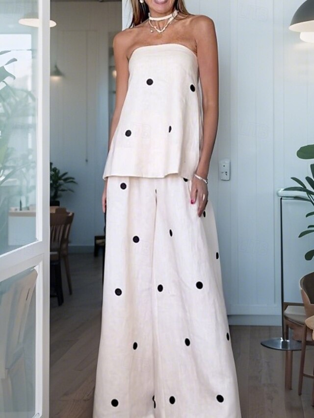 Women's Active Fashion Blouse Pants Sets Sleeveless Off Shoulder Polka Dot Backless Daily Casual Daily White Summer Regular Fit