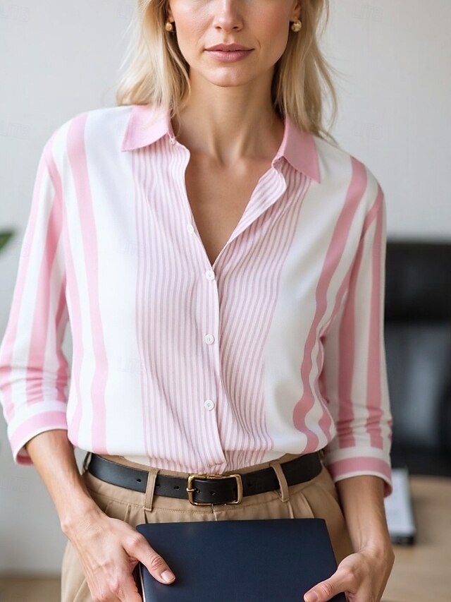  Women's Blouse Dressy Tops Chiffon Tops Color Block Striped Elegant Daily Stylish Long Sleeve Shirt Collar Regular Tops Work Daily Buttons Print Pink Wine Blue Brown Green Spring, Fall, Winter, Summer