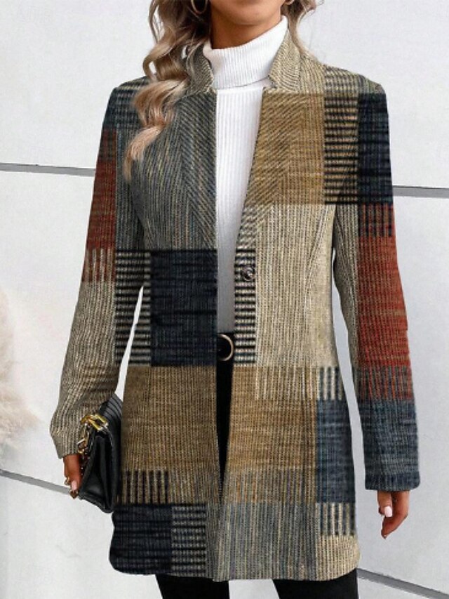 Women's Casual Jacket Comfortable Breathable Print Casual Plaid Vacation Street Daily Wear Going out Open Front Regular Stand Collar Regular Fit Long Sleeve Outerwear Black Khaki Summer Spring4