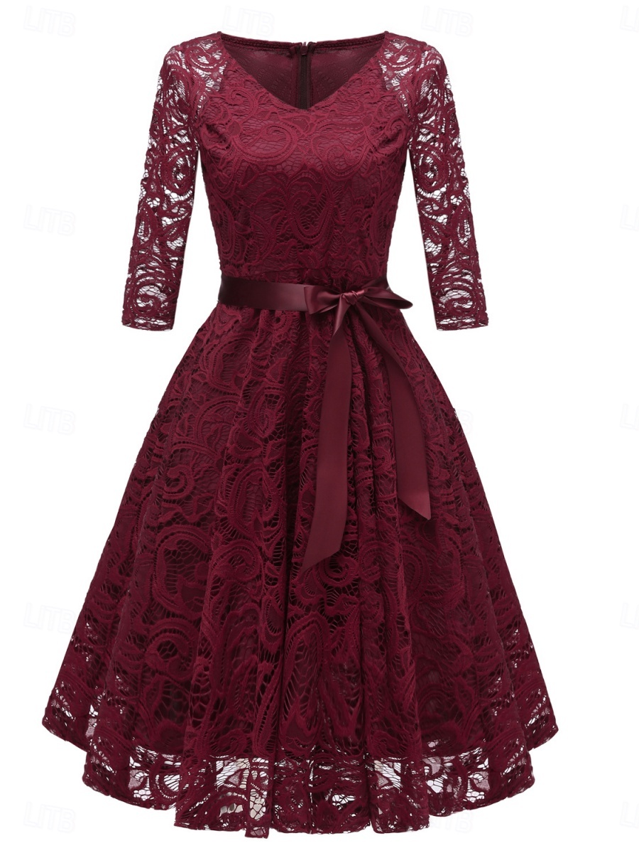  Per donna Abito Midi Abito in Pizzo Abito da Cocktail Abito da invitata a nozze Chiffon Elegante Moda Moderno All'aperto Cocktail party Vestibilità regolare Semplice Manica 3/4 Scollo a V Rosa Vino