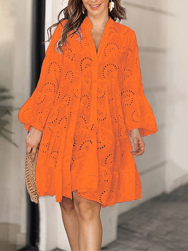  Per donna Mini Abito Abito in Pizzo Vestito Casual Moda Moderno Quotidiano Spiaggia Weekend Vestibilità regolare Semplice Manica Lunga Scollo a V Giallo Arancione Primavera Autunno