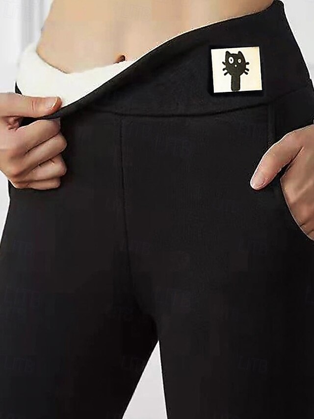 Women's Slacks Leggings Cozy Fleece Lined Streetwear Casual Full Length Natural Plain Elastic Waist Comfortable Street Daily Wear Weekend Black Winter Regular Fit4