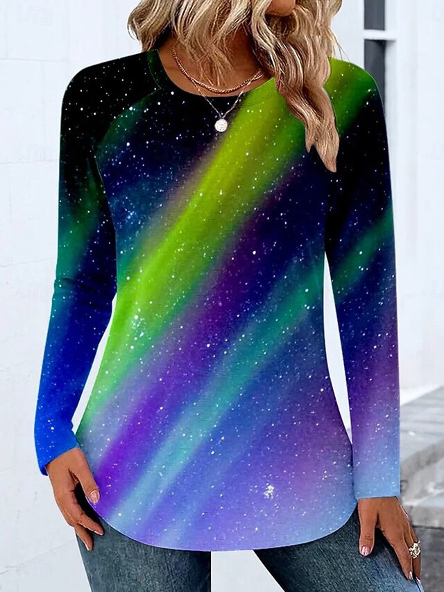 Women's T Shirt Ombre Graphic Vintage Stylish Classic Long Sleeve Crew Neck Round Neck Regular Tops Daily Weekend Print Purple Fuchsia Green Spring Fall Winter4