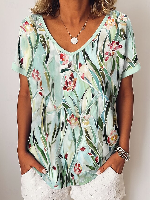 Women's T Shirt Graphic Plants Vintage Casual Short Sleeve V Neck Regular Tops Daily Weekend Vacation Wear Print Blue Purple Green Summer Spring4