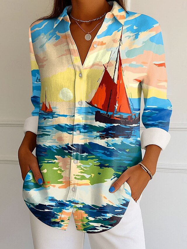  Dames Overhemd Ombre Grafisch Elegant Vintage Tropisch Lange mouw Overhemdkraag Normale tops Werk Dagelijks Knop Afdrukken Geel Blozend Roze blauw Paars Zomer Lente