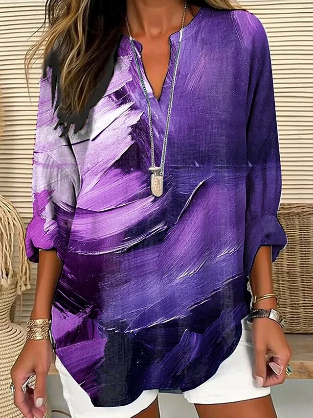 Women's Blouse Tunic V Neck Long Sleeve Boho Casual Ombre Graphic Geometric Vintage Daily Stylish Notched Neck Regular Tops Daily Print Purple Fall4