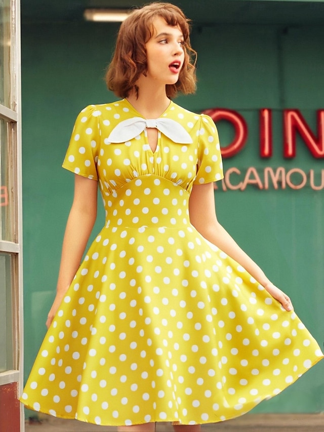  Rétro Vintage Années 1950 Rockabilly Midi Robe trapèze Robe Évasée À pois Col rond Femmes Vacances Occasionnel Soirée à thème rétro Adultes Robe Printemps & Été