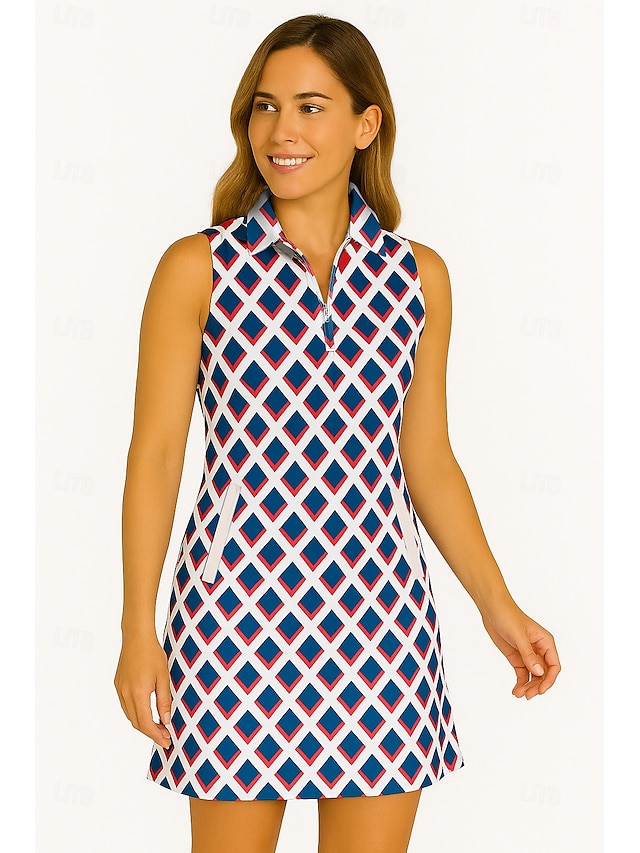  Mulheres Geométrica Vestido de tênis vestido de golfe Vestido sem mangas Sem Manga Zíper Proteção UV Elástico Respirável Tênis Golfe Badminton Colarinho polo Vestidos Azul Roxo Roupas de tênis