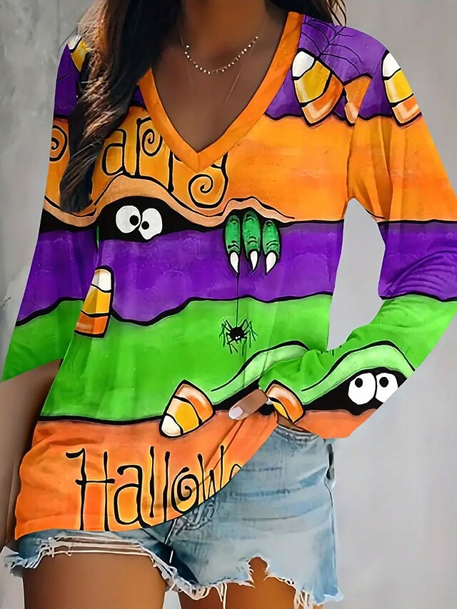 Halloween Women's T shirt Monster Long Sleeve V Neck Long Sleeve Tunic Graphic Elegant Vintage Stylish Regular Tops Daily Going out Weekend Print Orange Spring Fall Prefall4