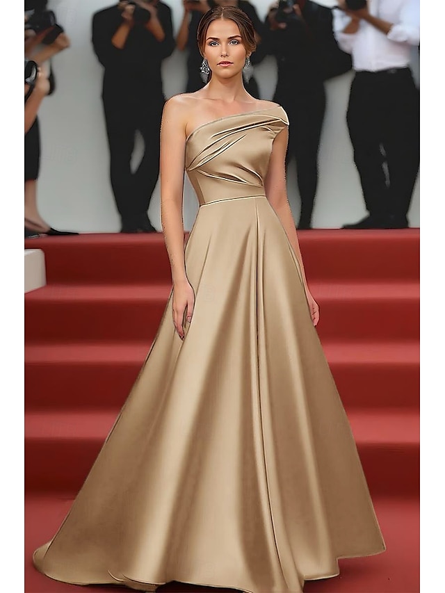  Schwarz-Bindung A-Linien Abendkleid Elegantes Kleid Formelle Hochzeit bodenlang ärmellos schulterfrei Satin mit Falten gerafft
