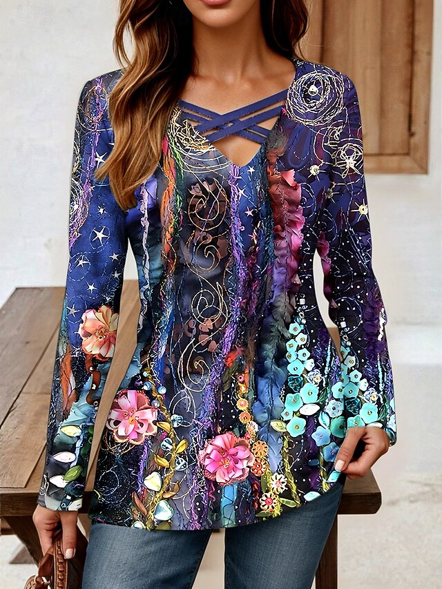 Women's T shirt Long Sleeve Floral Graphic Vintage Stylish Classic Long Sleeve V Neck Regular Tops Daily Cut Out Print Violet Spring Fall Prefall4