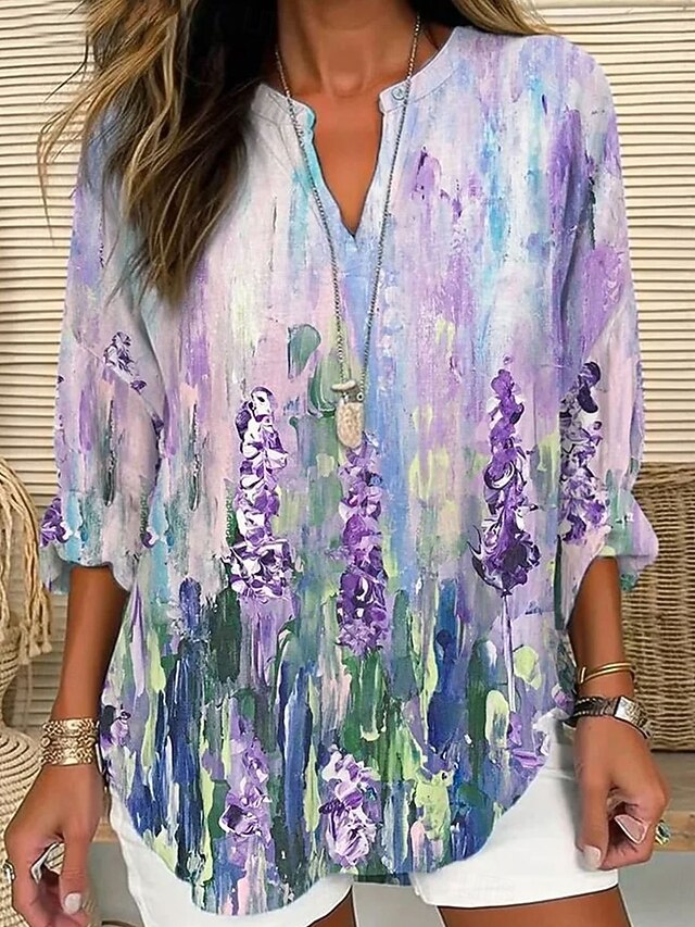Women's Blouse Tunic V Neck Long Sleeve Boho Casual Tops Floral Graphic Vintage Daily Stylish Regular Tops Daily Print White Purple Green Fall4