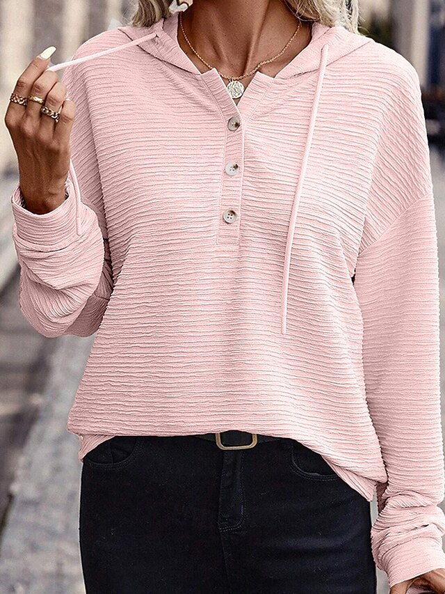 Women's Texture Sweatshirt Pullover Hoodie Sweatshirt Plain Streetwear Casual Comfy Long Sleeve Hooded Regular Tops Street Holiday Going out Buttons Black Pink Gray Fall4