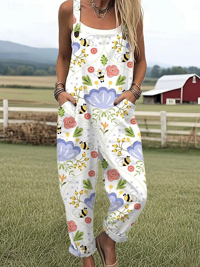 Women's Jumpsuit Active Graphic Sleeveless Sleeveless Wide Leg Pocket Buttons Vacation Street Loose Fit White Yellow Brown Summer4