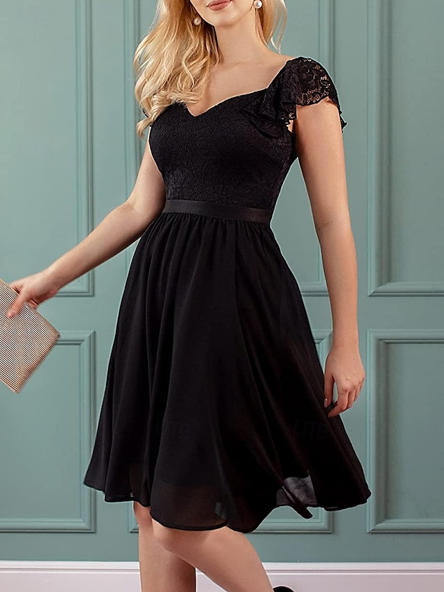 Damskie Sukienka mini Koronkowa sukienka Sukienka koktajlowa Sukienka dla gościa weselnego Szyfon Elegancja Moda Nowoczesny Na zewnątrz Spotkanie towarzyskie Regularny Równina Krótki rękaw W serek