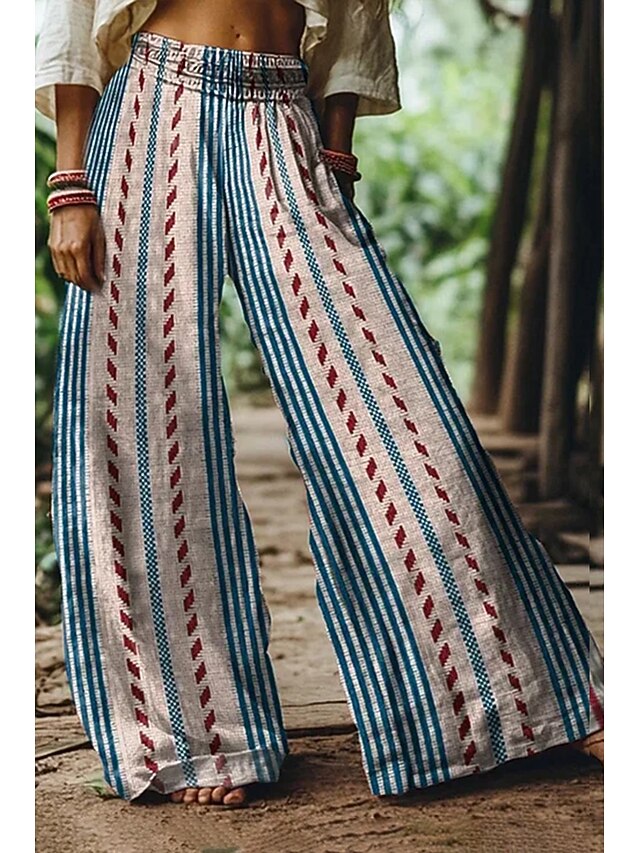 Women's Culottes Wide Leg Vacation Vintage Ethnic Style Full Length High Waist Graphic Stripe Abstract Quick Dry Breathability Soft Inelastic Formal Outdoor Vacation Red Blue Green Summer Spring4