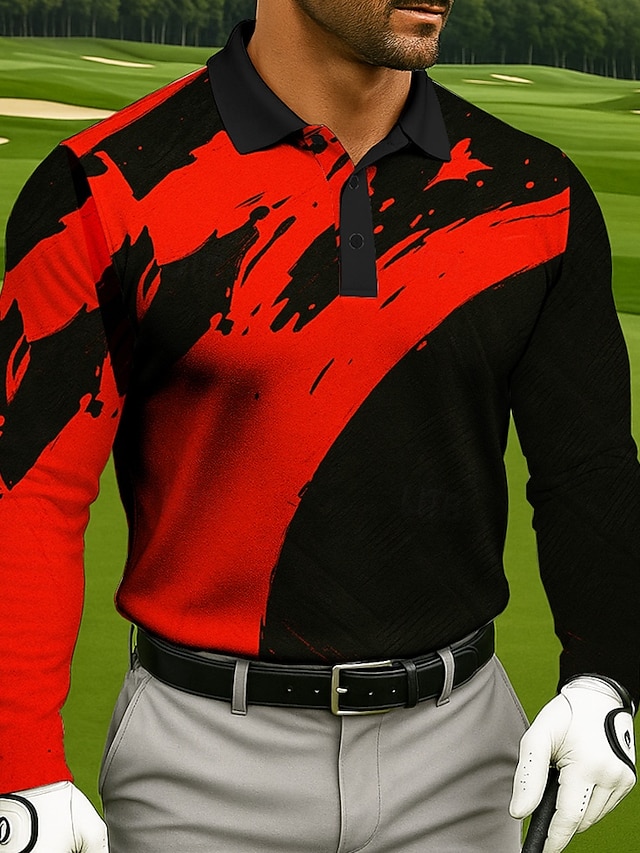  Men's Splash Ink Golf Shirt Long Sleeve Polo Shirts Collared Shirts Business Casual Athleisure Outdoor clothing Holiday Daily Wear 3D Print Buttons Spring Fall Winter White Yellow Red