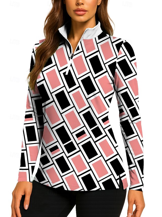 Women's Geometric Sweatshirt Golf Polo Shirt Tennis Shirt Long Sleeve Print Quarter Zip Pullover UV Protection Elastic Breathable Volleyball Tennis Golf Stand Collar Zip Collar Shirt Polo Pink Tennis4