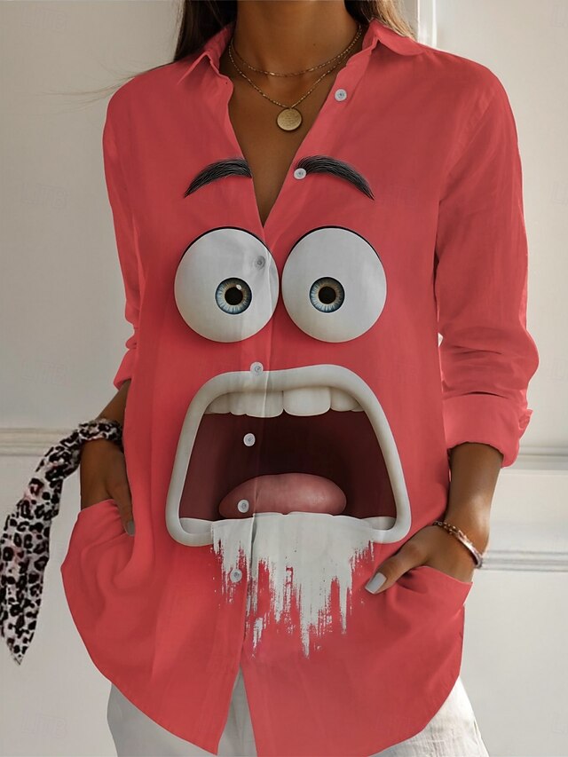 Women's Cartoon Funny Smile Face Shirt Active Daily Stylish Long Sleeve Shirt Collar Regular Tops Daily Holiday Buttons Print Yellow Red Spring Fall4