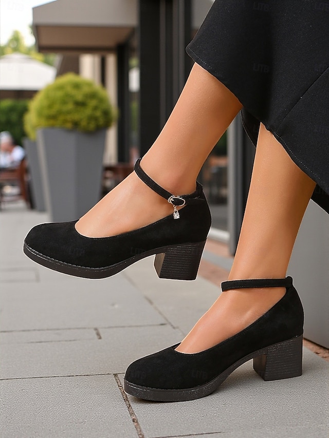  Chaussures noires à talons épais et bride à la cheville pour femmes, décontractées ou habillées pour le travail, le dîner et la vie quotidienne