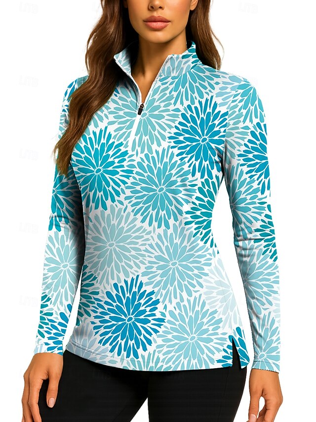Women's Floral Golf Polo Shirt Tennis Shirt Tennis Sweatshirt Long Sleeve Print Quarter Zip Pullover UV Protection Elastic Breathable Volleyball Tennis Golf Zip Collar Shirt Polo Blue and White4