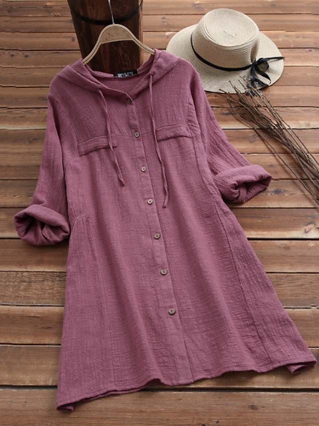  Mulheres Blusa Côr Sólida Casual Manga Longa Com Capuz Tops longos Diário Bolsos Botões Amarelo Vinho Fúcsia Cinzento Verão Outono