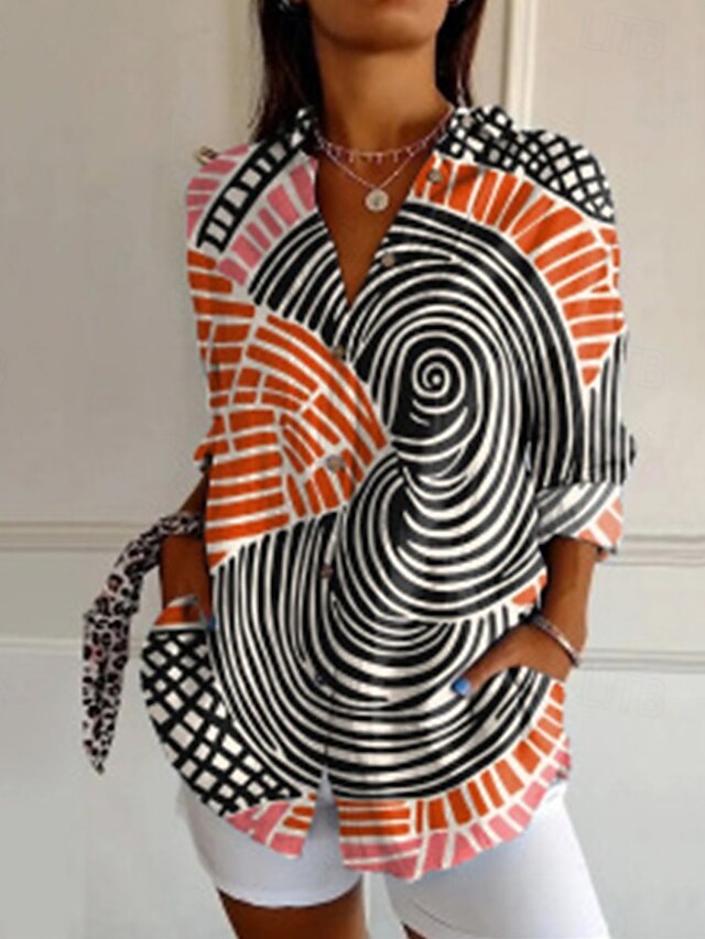  Dames Overhemd Geometrisch Vintage Stijlvol Lange mouw V-hals Normale tops Dagelijks Feestdagen Uitgaan Knop Afdrukken Zwart Zomer