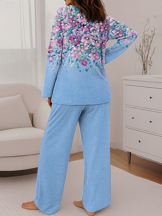 Women's Fashion T Shirt Pants Sets Long Sleeve Round Neck Floral ...