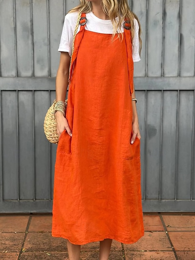  Per donna Abito Midi Abito in cotone e lino Abito Sottoveste Classico Moderno Vacanza Ferie Weekend Vestibilità regolare Semplice Senza Maniche Collo quadrato Nero Bianco Giallo Rosso Estate