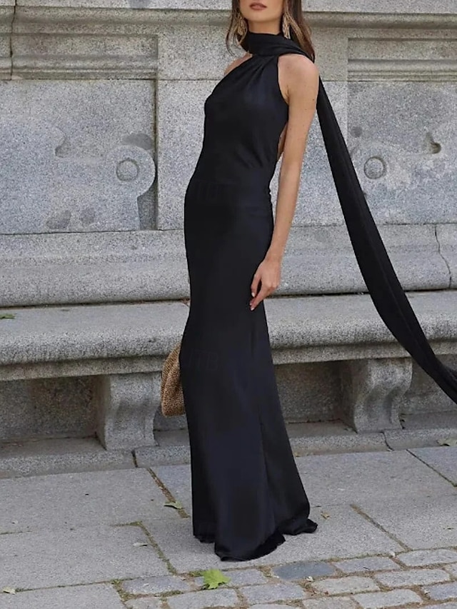  Damen Langes Kleid Maxikleid Abschlussballkleid Partykleid Mode Modern Party Besonderer Anlass Abendgesellschaft Normale Passform Einfach Ärmellos Ein-Schulter Schwarz Sommer