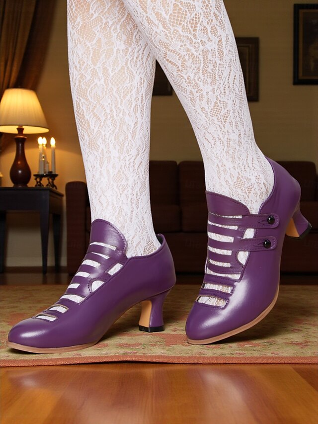  Femmes Chaussures à Talons Rétro Soirée Travail Quotidien Bouton Talon Cône Bout Rond Élégant ancien Marche PU Mocassin Noir Rouge Rouge Bordeaux