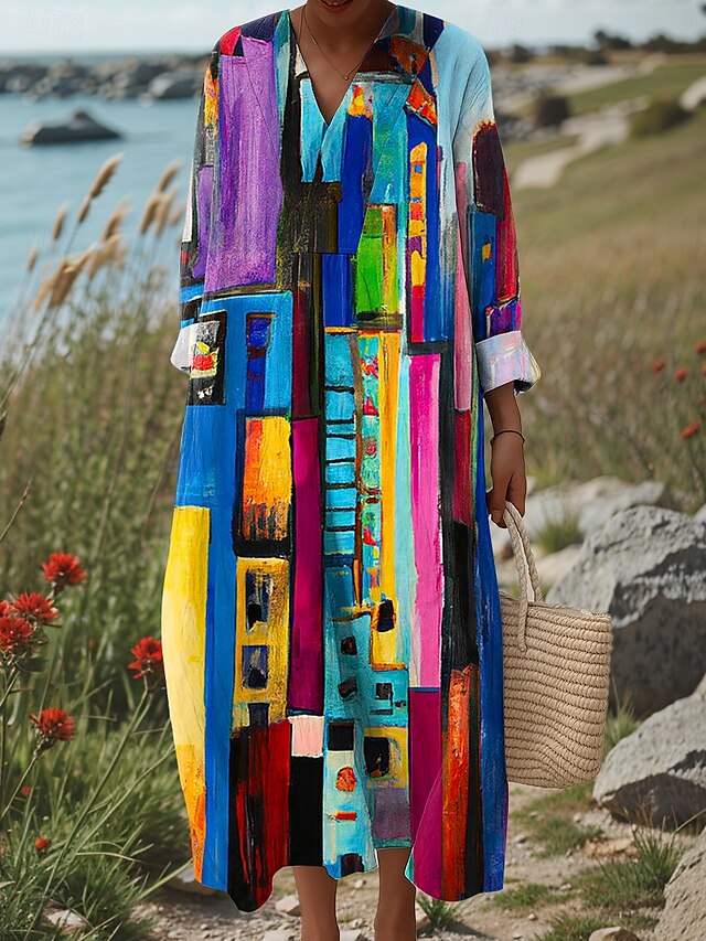 Damen Midikleid Sommerkleid Shiftkleid Urlaub Lässig Strand Ausgehen Strand Lässiger Schnitt Grafik Geometrisch Abstrakt Langarm V Ausschnitt Rosa Blau Orange Sommer Frühling Herbst