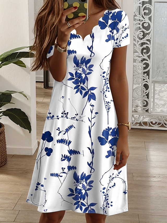  Damen Minikleid T-Shirt-Kleid Sommerkleid A Linie Kleid Urlaub Lässig Täglich Normale Passform Blumen Grafik Kurzarm V Ausschnitt Gelb Rosa Blau Grün Sommer Frühling