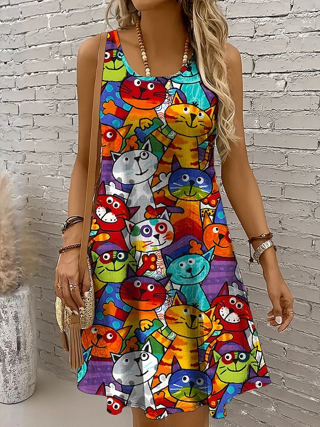  Mujer Mini vestido Vestido de verano Vestido de una línea Vestido con hombros descubiertos Vacaciones Casual Festivos Playa Ajuste regular Graphic Gato Sin Mangas Cuello Barco Amarillo Rojo Azul