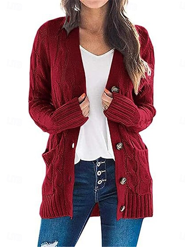  Dame Bluse Cardigan Elegant Mode Gade Helfarve V-hals Lomme Strikket Langærmet Almindelige toppe Strikke udendørs Daglig Weekend Sort Hvid Efterår Vinter