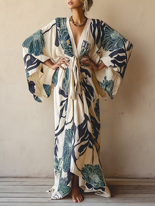 Women's Long Dress Maxi Dress Boho Dress Casual Dress Swing Dress Summer Dress Vintage Vacation Daily Beach Regular Fit Floral Long Sleeve V Neck Blue Summer Spring Fall4