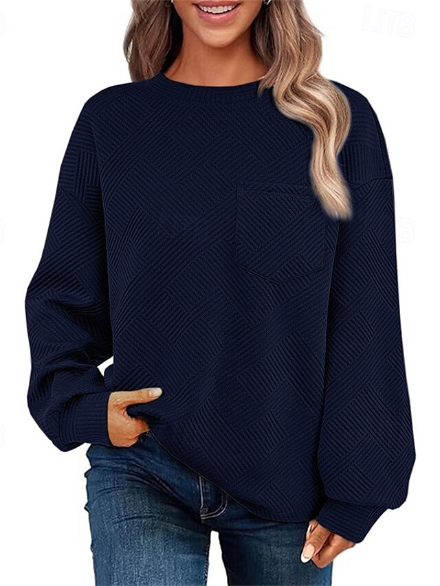  Dame Pullover Vanlig Gade Afslappet Behagelig Langærmet Rund hals Almindelige toppe Gade Ferie I-byen-tøj Lomme Sort Lyserød Beige Efterår
