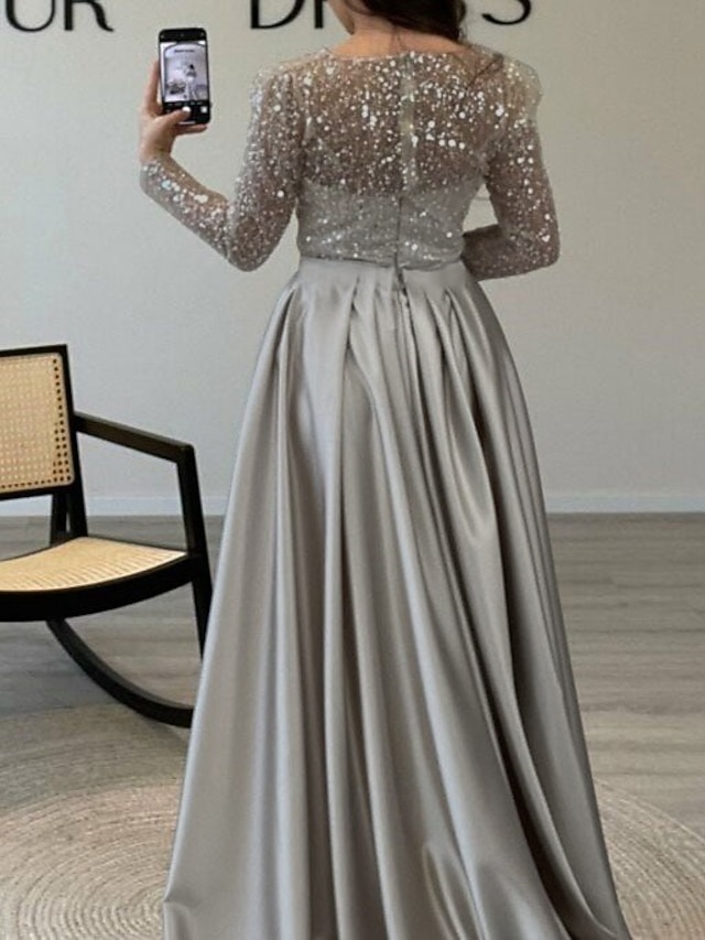Mermaid/Trumpet  Floor Length Long Sleeve V Neck Prom Dress Sparkle & Shine Dress  Sequined with Feather Crystals
