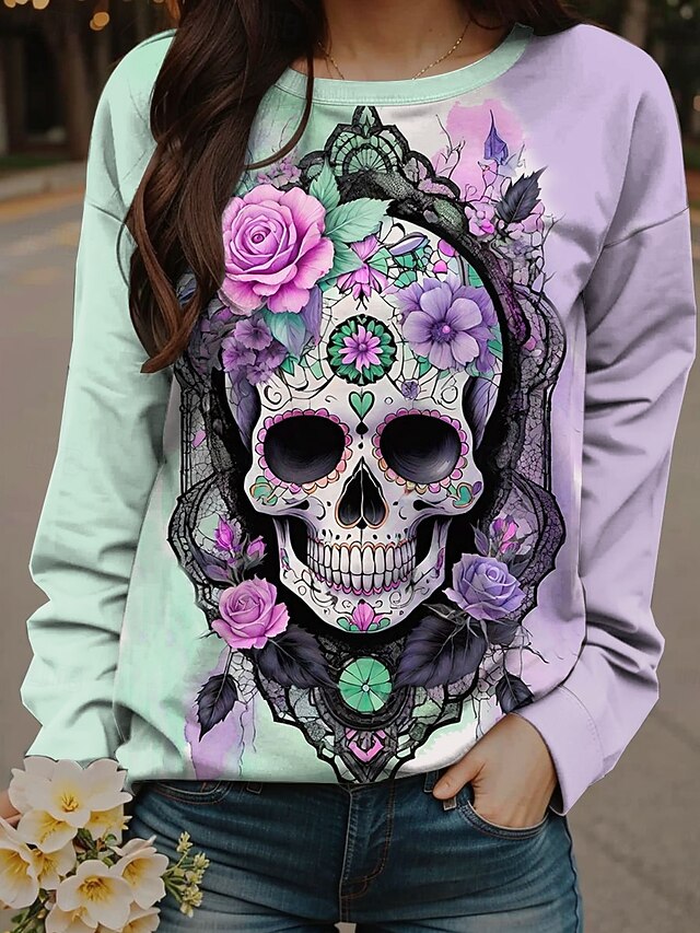 Halloween Women's Sweatshirts Floral Skulls Graphic Casual Long Sleeve Crew Neck Regular Tops Street Dailywear Print Green Spring Fall Winter3