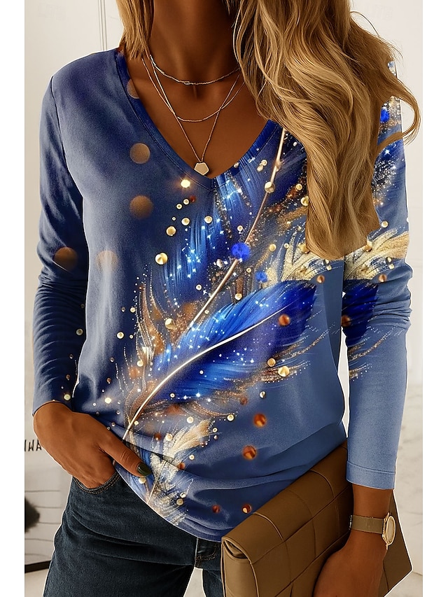  Femmes T-shirt Graphique Plume ancien Élégant Occasionnel manche longue Col en V Hauts Réguliers Quotidien Imprimé Bleu Violet Vert Printemps Automne