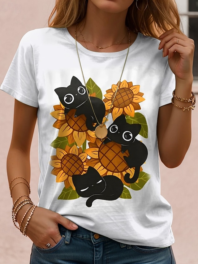  Femmes T-shirt Chemise en coton Graphique Chat ancien Élégant Classique Manche Courte Col ras du cou Col rond Hauts Réguliers Quotidien Imprimé Noir Blanche Bleu Gris Été Printemps