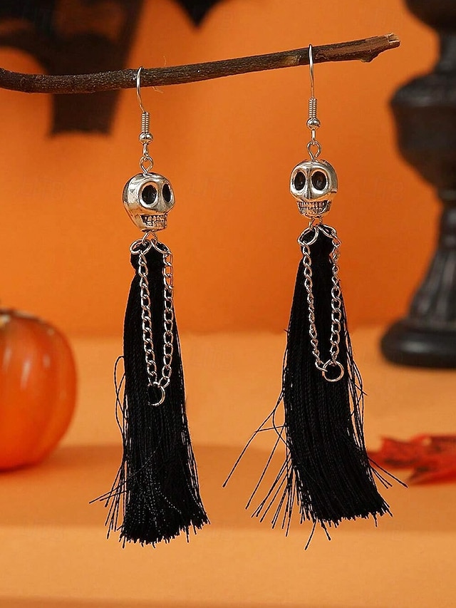  Dámské visací náušnice s lebkou a střapcem – gotický visací řetízkový šperk s kostrou na halloweenské kostýmní večírky a strašidelné večery