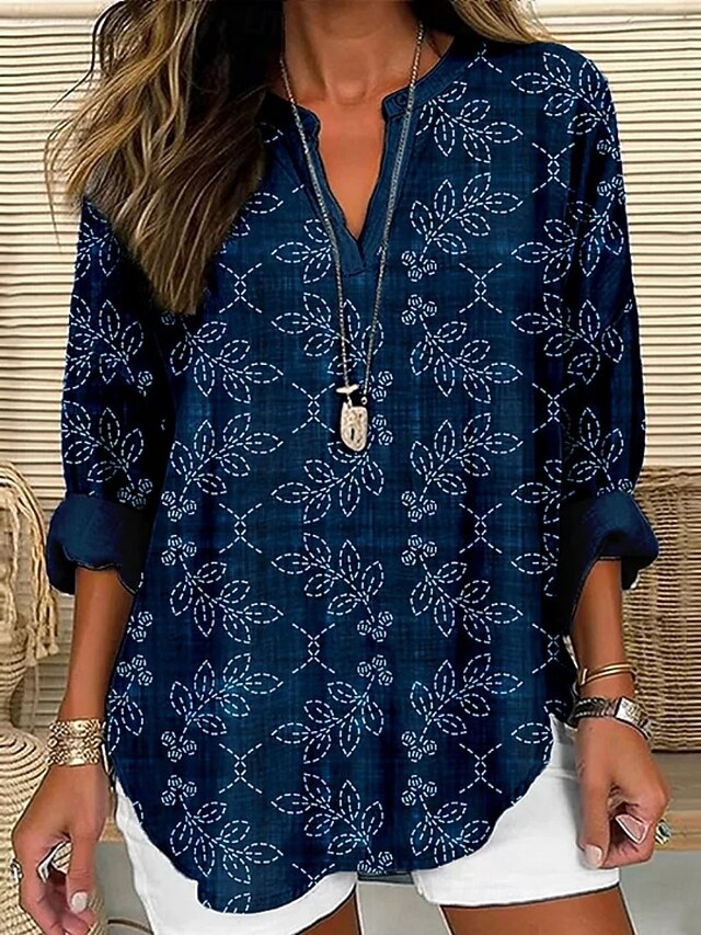 Women's Shirt Floral Vintage Daily Casual Long Sleeve V Neck Regular Tops Daily Holiday Buttons Print Black Navy Blue Spring Fall4