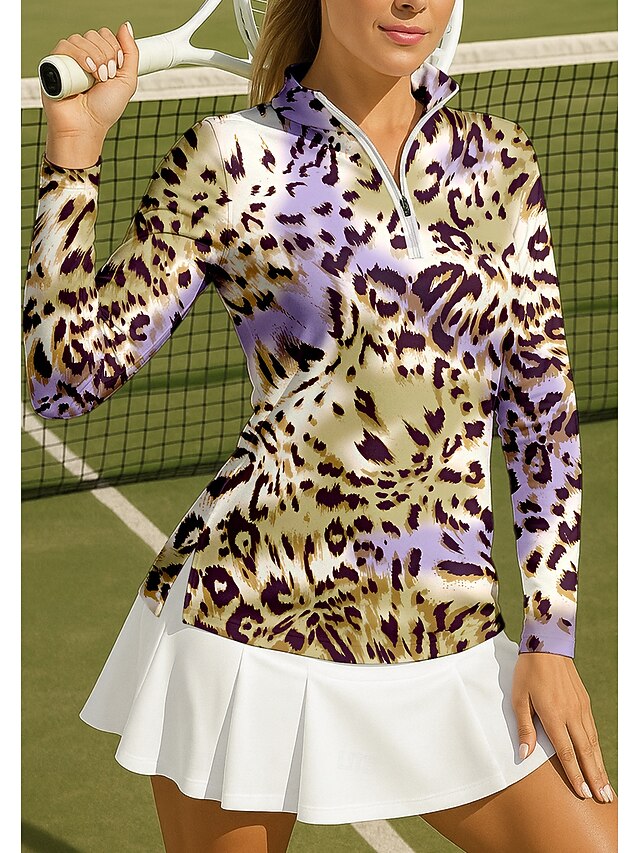 Women's Leopard Sport Shirt Golf Polo Shirt Tennis Shirt Tennis Top Long Sleeve Zipper Floral UPF50+ UV Resistant High Elasticity Moisture Wicking Breathable Tennis Golf Pickleball Stand Collar Zip4