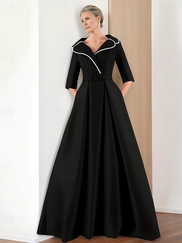 Black and White A-Line Mother of the Bride Dress Elegant Formal Dress Simple Minimalist V Neck Lapel Floor Length Twill Satin 3/4 Length Sleeve with Belt4
