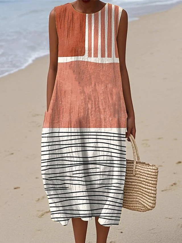  Mulheres Vestido midi Vestidos Para o Verão Vestido de turno Vestido A Line Férias Casual Boho Para Noite Praia Ajuste Largo Gráfico Geométrica Sem Manga Crewneck Rosa Rosa Escuro Azul Roxo Verão