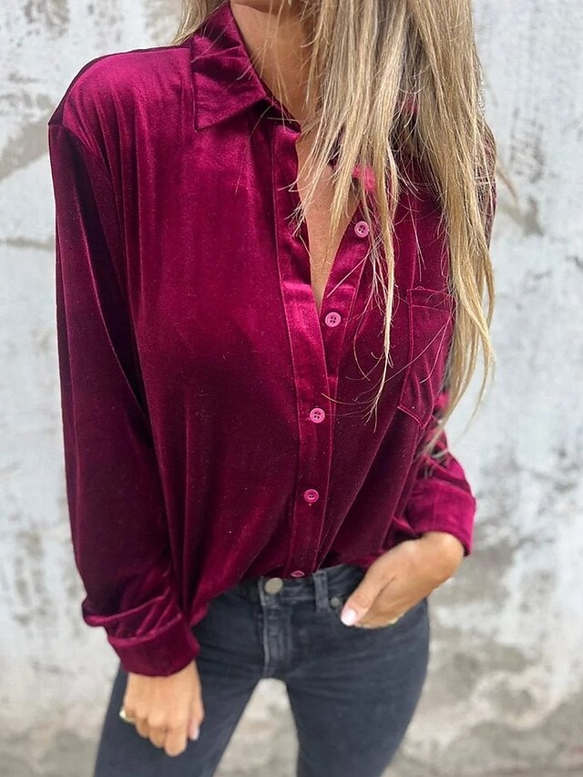  Mujer Camisa Plano Elegante Moderno Manga Larga Cuello Camisero Tops regulares Trabajo Diario Noche Botones Verde Ejército Morado Marrón Rosa Brillante Primavera Otoño